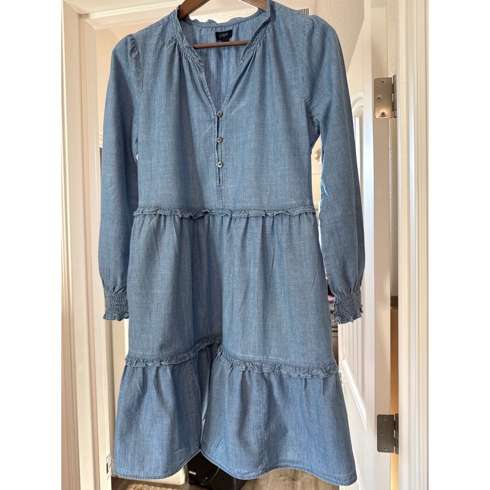 J.Crew Re-Imagined Chambray Tiered Mini Dress Smocked Cuff Prairy/Cottagecore 6 - Picture 2 of 12